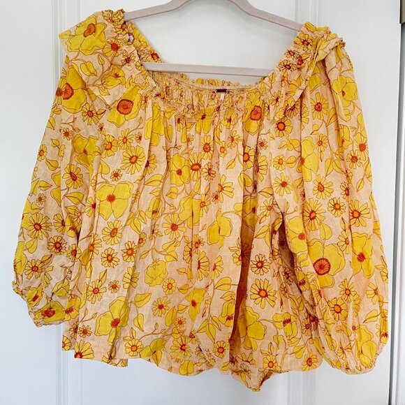 Free People Miss Daisy Cotton Printed Floral Top in yellow - Picture 1 of 4